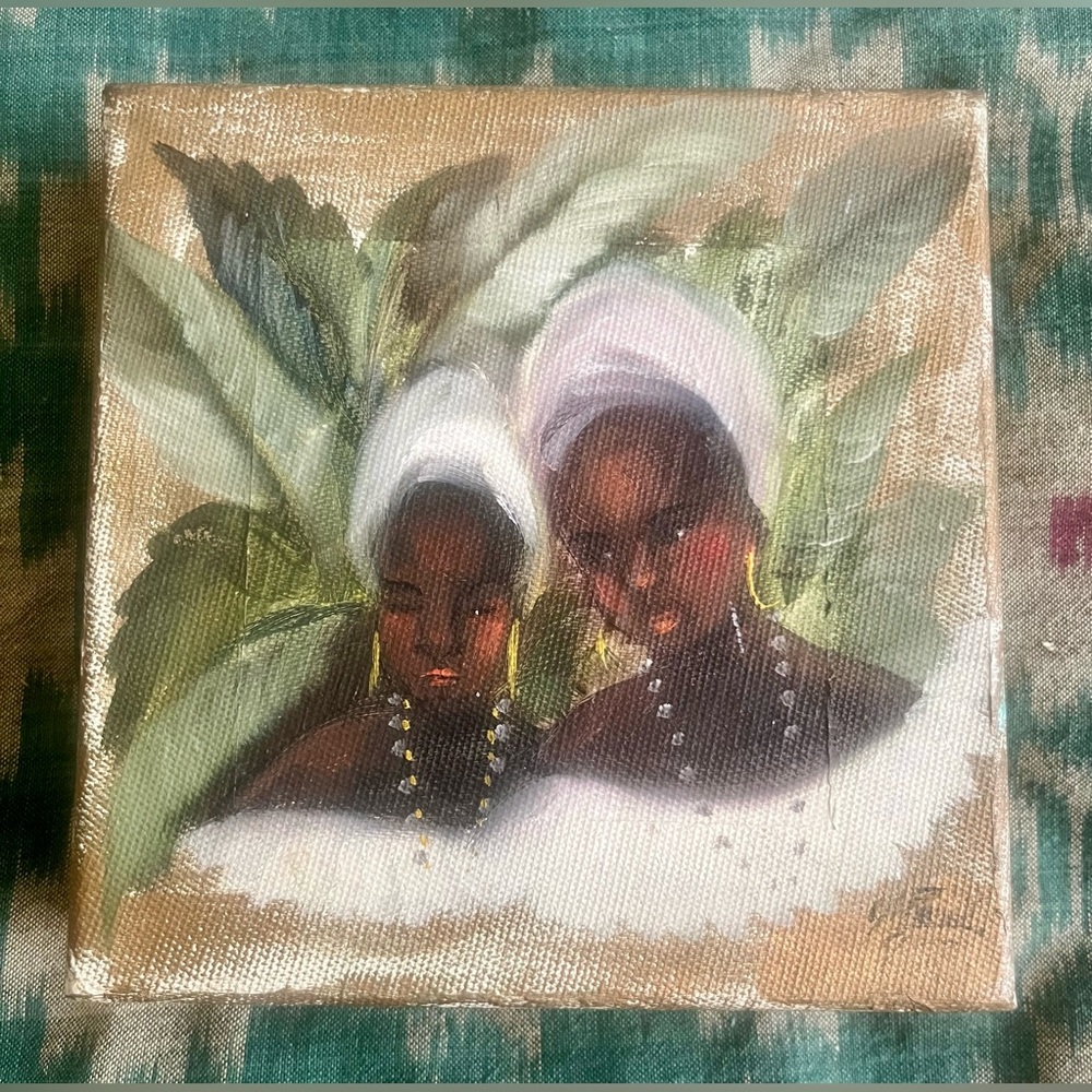 Vintage Brazilian Oil Painting Portrait Two Women Expressionist Folk Art 6x6